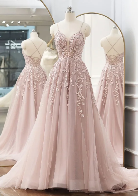 A-line V Neck Spaghetti Straps Sweep Train Tulle Corset Prom Dress With Appliqued Beading outfit