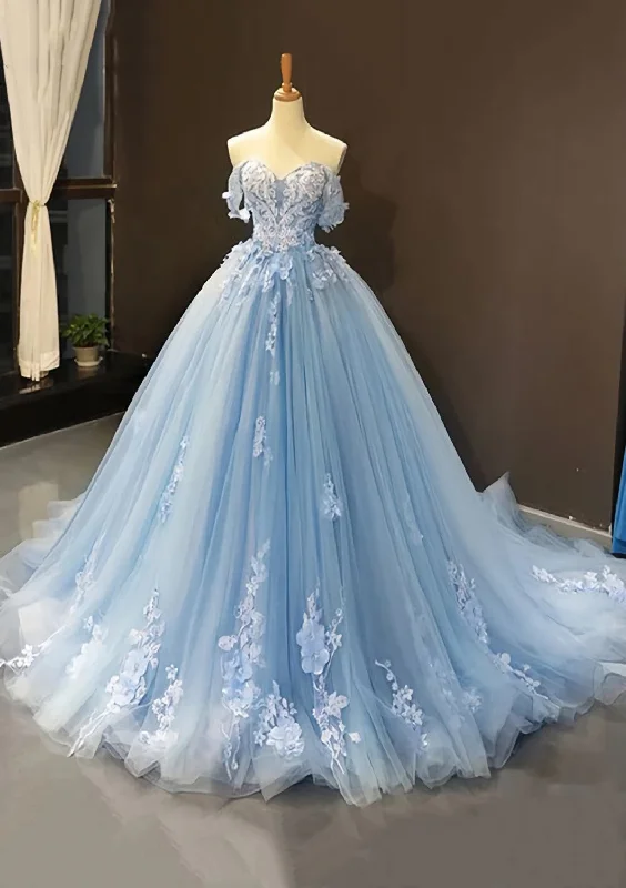 Ball Gown Off-the-Shoulder Sweep Train Tulle Corset Prom Dress With Appliqued Gowns