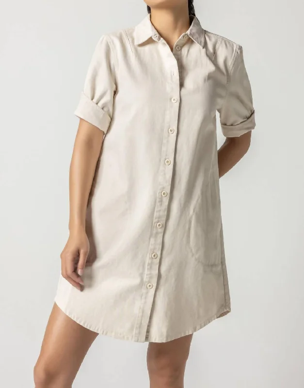 Canvas Woven Cuff Sleeve Shirt Dress In Natural