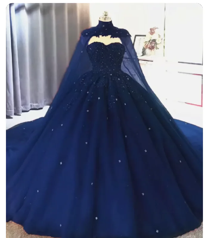 Elegant Lace Embroidery Tulle Beaded Quinceanera Dresses, Navy Blue Corset Ball Gown Corset Prom Dress, With Cape Gowns