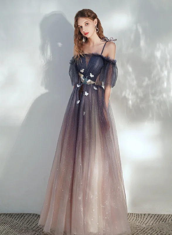 Gradient Purple Tulle Off Shoulder with Butterflies, A-line Simple Junior Prom Dress