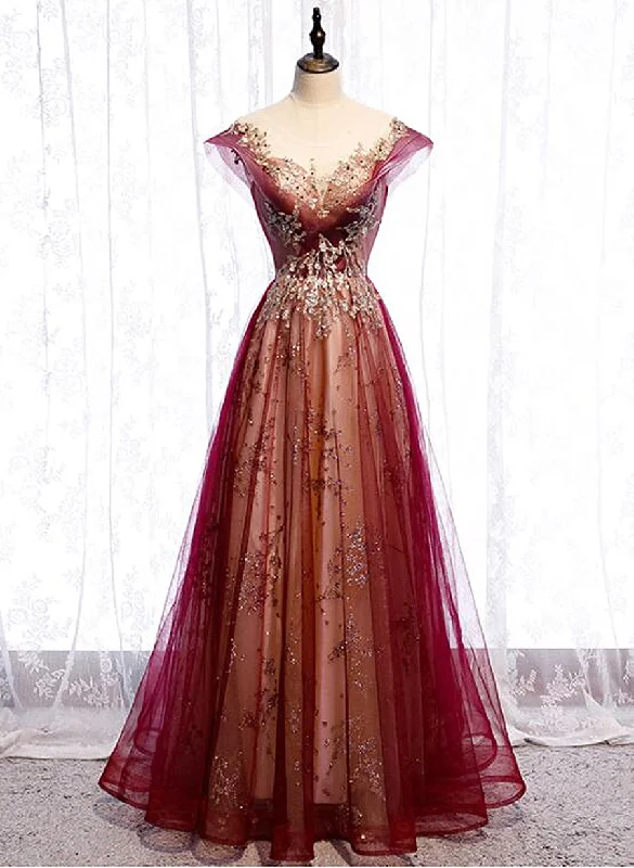 Gradient Wine Red Tulle Sweetheart A-Line Prom Dress, Charming Formal Dress