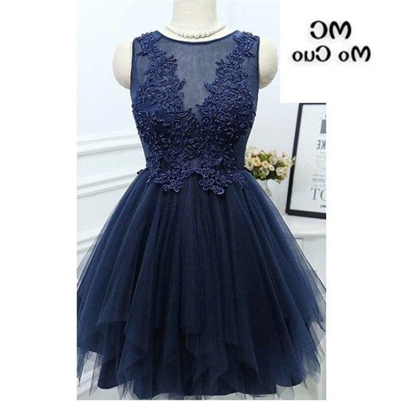 Jewel Sleeveless Appliques Beading A Line Tulle Sheer Pleated Dark Navy Corset Homecoming Dresses outfit