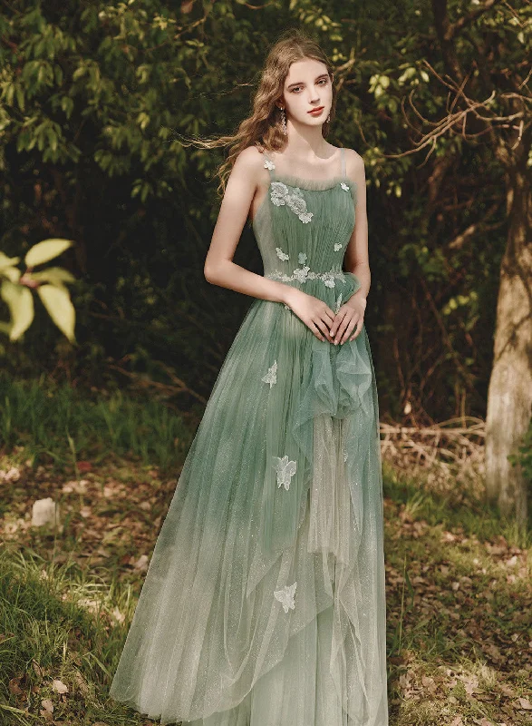 Light Green Straps Tulle with Lace Applique, Green A-line Prom Dress