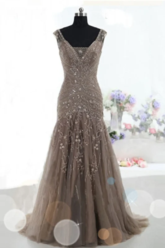 Mermaid Lace Up Brown Tulle Modest Beading V Neck Corset Prom Dresses outfit