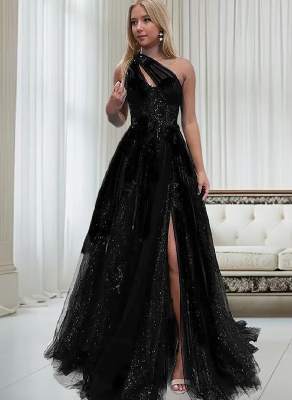 One Shoulder Black Tulle with Lace Applique Prom Dress, Black Formal Dress