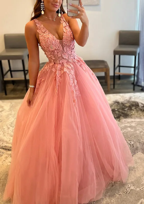 Princess A-line V Neck Sleeveless Sweep Train Tulle Corset Prom Dress With Appliqued Beading outfit