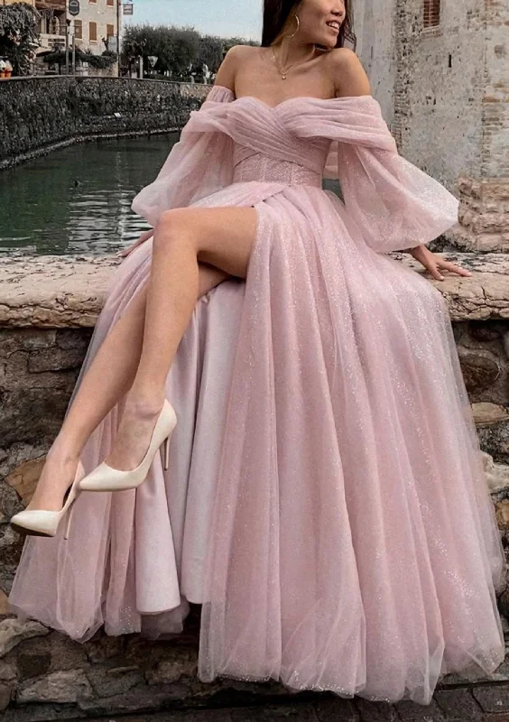 Princess Off-the-Shoulder Sweep Train Tulle Corset Prom Dress With Pleated Split outfit