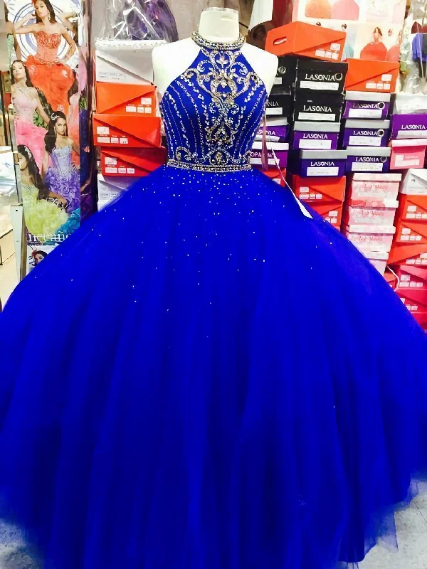 Royal Blue Halter Tulle Quinceanera Dresses, Elegant Corset Ball Gown Corset Prom Dresses, Sweet 16 Corset Prom Dress outfits