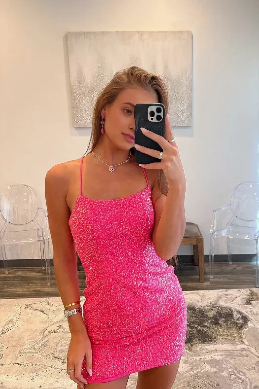 Sheath Scoop Sequins Pink Short Homecoming Dress Tight