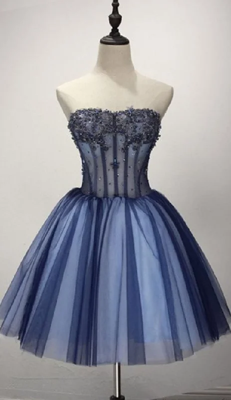 Strapless Appliques Tulle Beaded Pleated Dark Blue Cute Elegant Corset Homecoming Dresses outfit