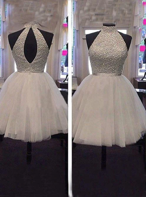 Tulle Sleeveless Halter Backless Cut Out Pleated A Line White Beading Corset Homecoming Dresses outfit