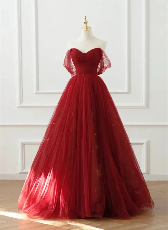 Wine Red Tulle Sweetheart Off Shoulder Prom Dress, Wine Red Tulle Evening Dress