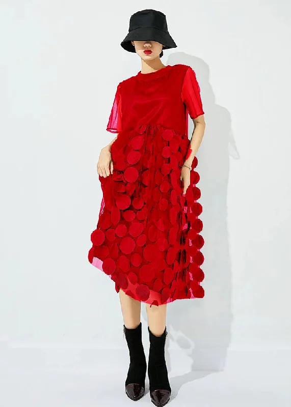 Women Red O-Neck Patchwork Dot Tulle Holiday Dress Summer LY0826